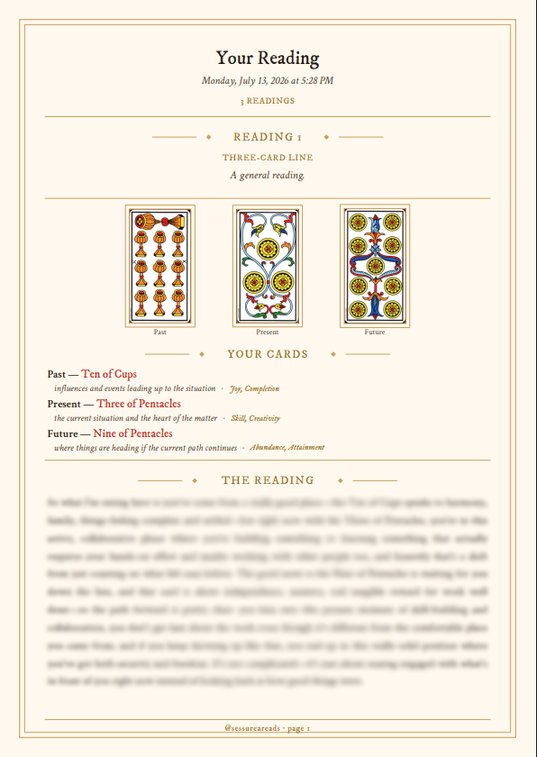 A sample Sessurea spread report: a three-card line with each card pictured in its position